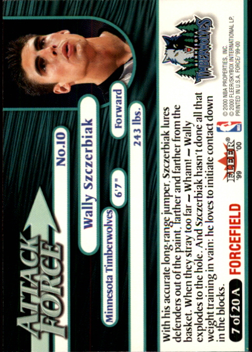 1999-00 Fleer Force Attack Force Forcefield #A7 Wally Szczerbiak back image