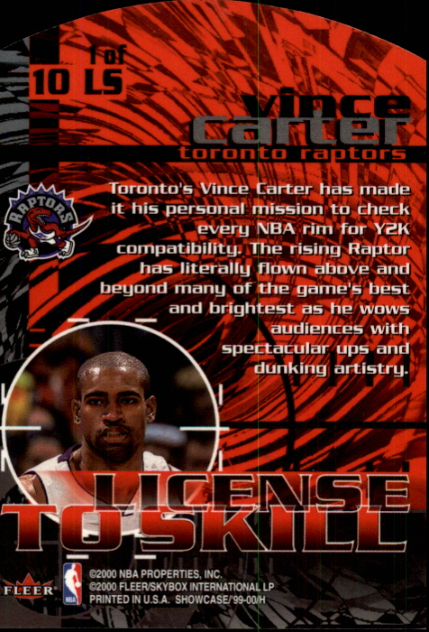 1999-00 Flair Showcase License to Skill #LS1 Vince Carter back image