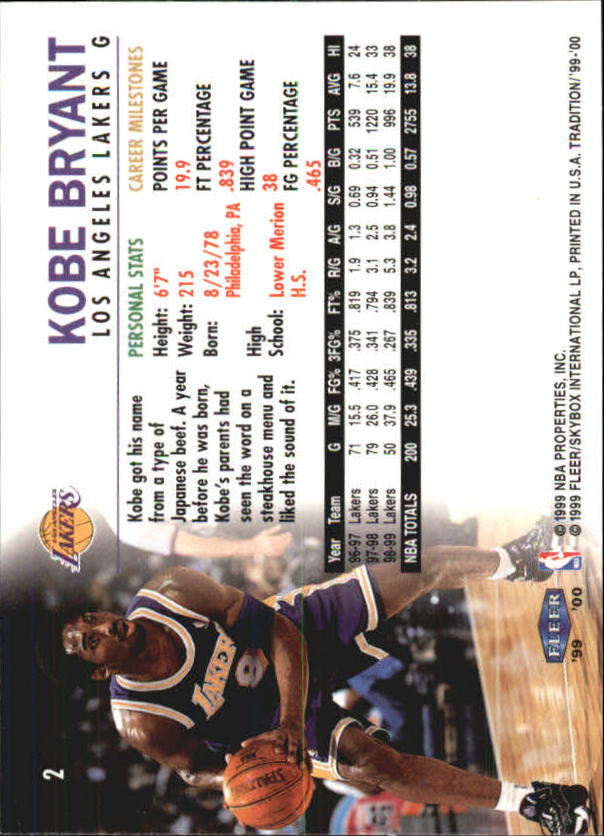1999-00 Fleer #2 Kobe Bryant back image
