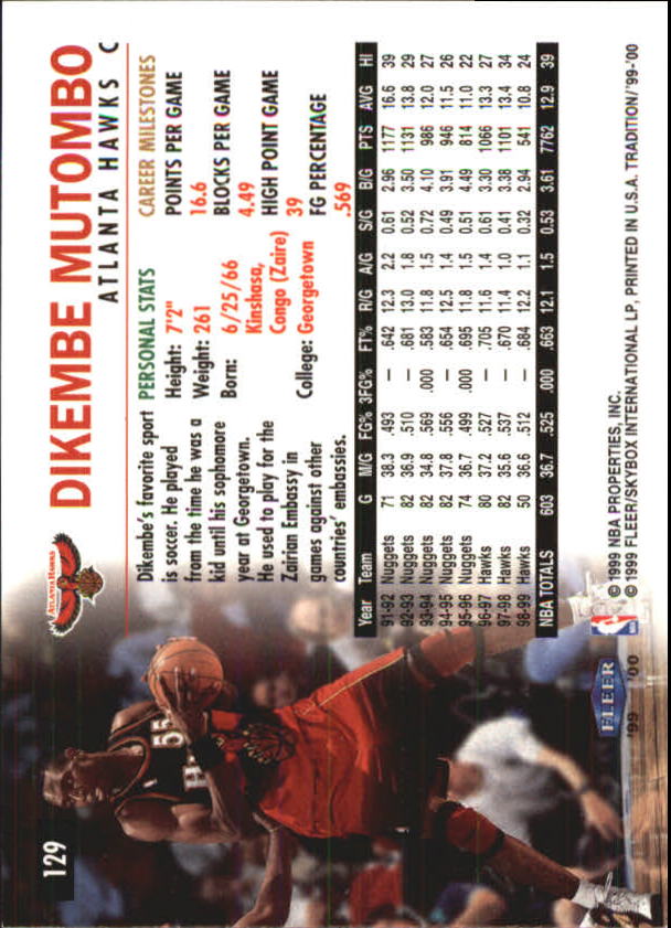 1999-00 Fleer #129 Dikembe Mutombo back image