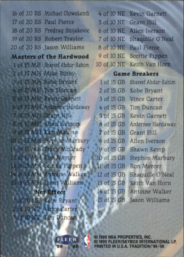 A8134- 1999-00 Fleer Basketball #s 1-220 +Rookies -You Pick- 15+ FREE US SHIP - Picture 233 of 233