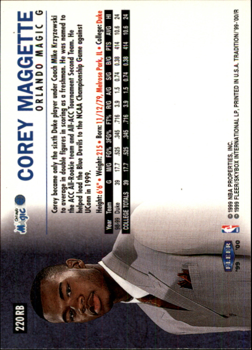 1999-00 Fleer Roundball Collection #220 Corey Maggette back image