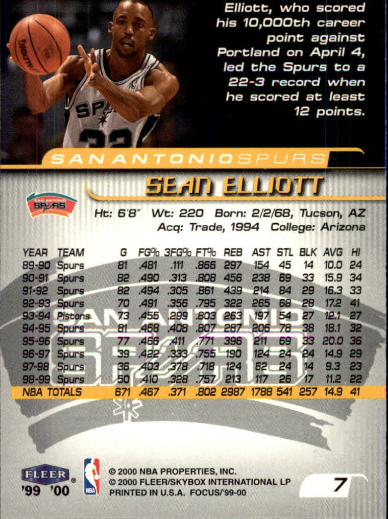 1999-00 Fleer Focus #7 Sean Elliott back image