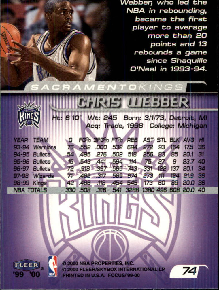 1999-00 Fleer Focus #74 Chris Webber back image