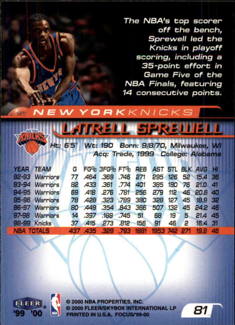 1999-00 Fleer Focus #81 Latrell Sprewell back image