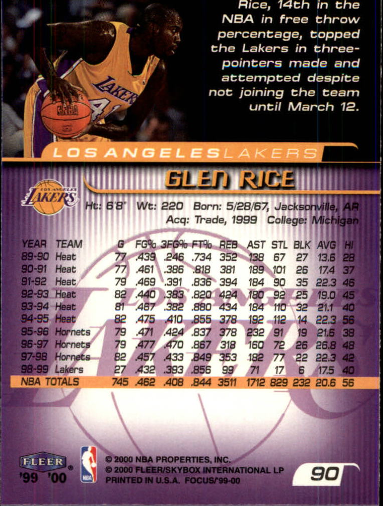 1999-00 Fleer Focus #90 Glen Rice back image