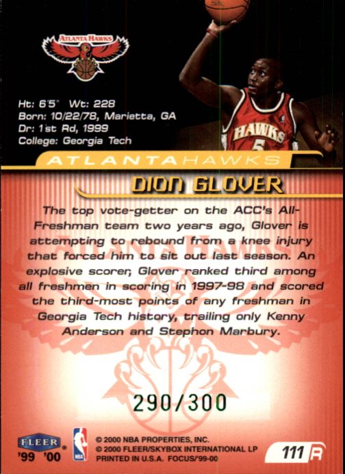 1999-00 Fleer Focus Masterpiece Mania #111 Dion Glover back image