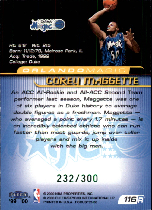 1999-00 Fleer Focus Masterpiece Mania #116 Corey Maggette back image