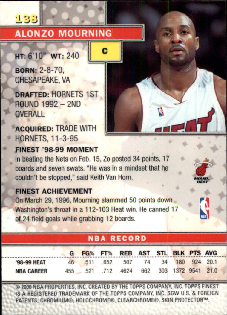 1999-00 Finest #138 Alonzo Mourning - NM-MT