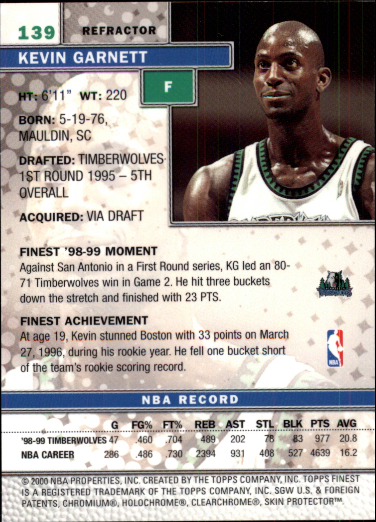 1999-00 Finest Refractors #139 Kevin Garnett back image