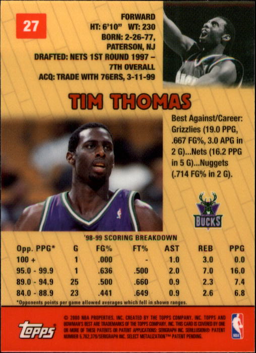 1999-00 Bowman's Best #27 Tim Thomas back image
