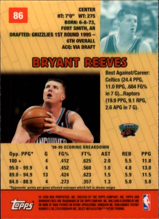 1999-00 Bowman's Best #86 Bryant Reeves back image
