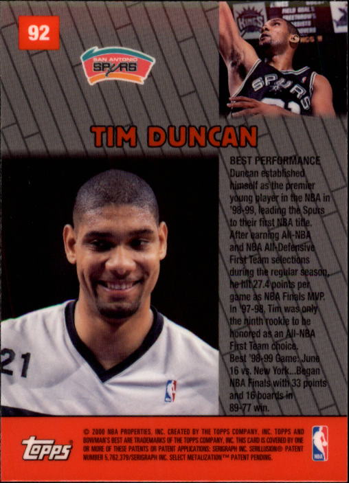 1999-00 Bowman's Best #92 Tim Duncan BP back image