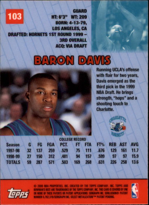 1999-00 Bowman's Best #103 Baron Davis RC back image