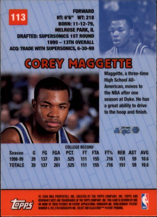 1999-00 Bowman's Best #113 Corey Maggette RC back image