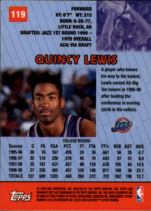 1999-00 Bowman's Best #119 Quincy Lewis RC back image