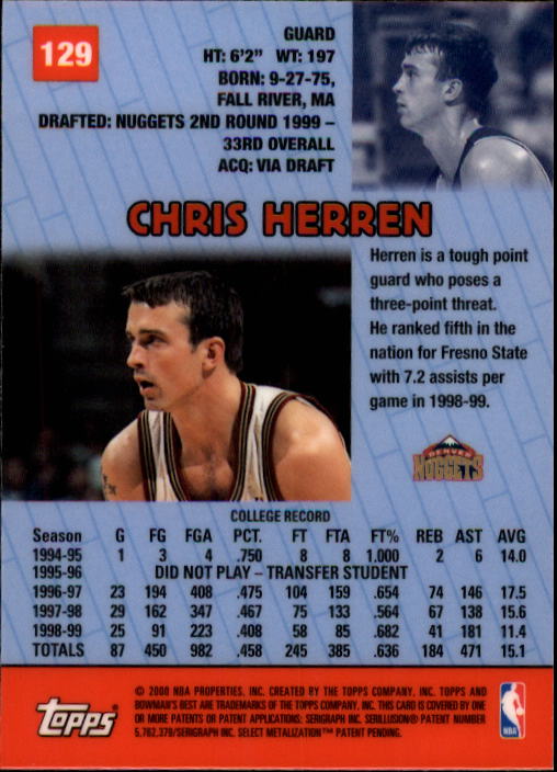 1999-00 Bowman's Best #129 Chris Herren RC back image