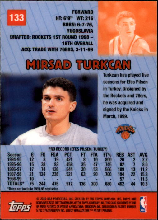 1999-00 Bowman's Best #133 Mirsad Turkcan RC back image