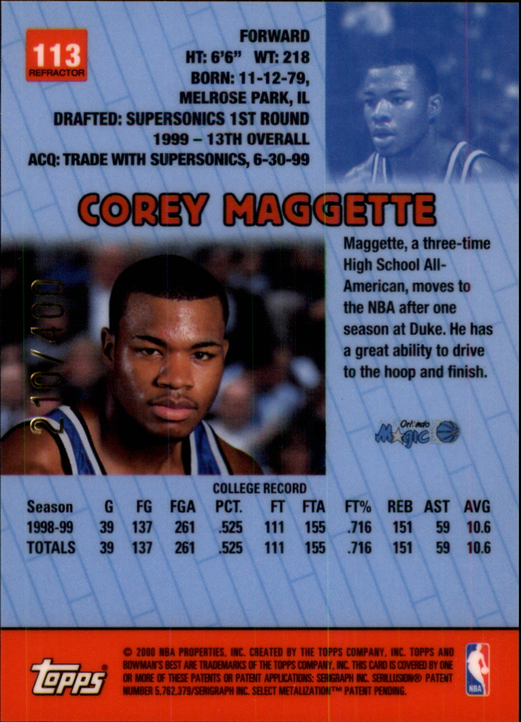 1999-00 Bowman's Best Refractors #113 Corey Maggette back image