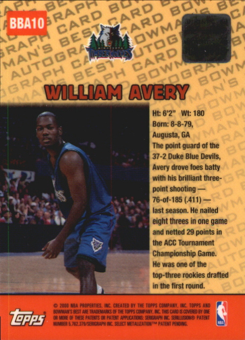 1999-00 Bowman's Best Autographs #BBA10 William Avery back image