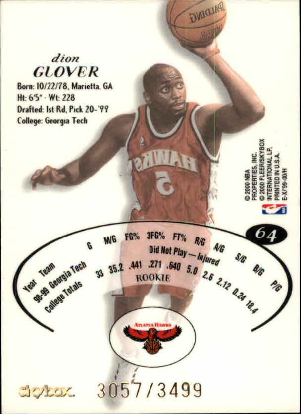 1999-00 E-X #64 Dion Glover RC back image
