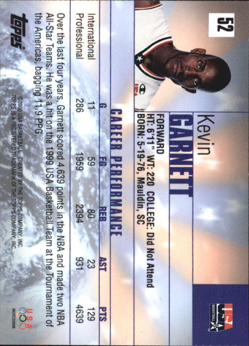 2000 Topps Team USA #52 Kevin Garnett PAI back image