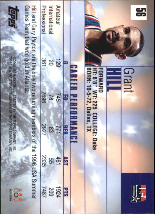2000 Topps Team USA #56 Grant Hill PAI back image