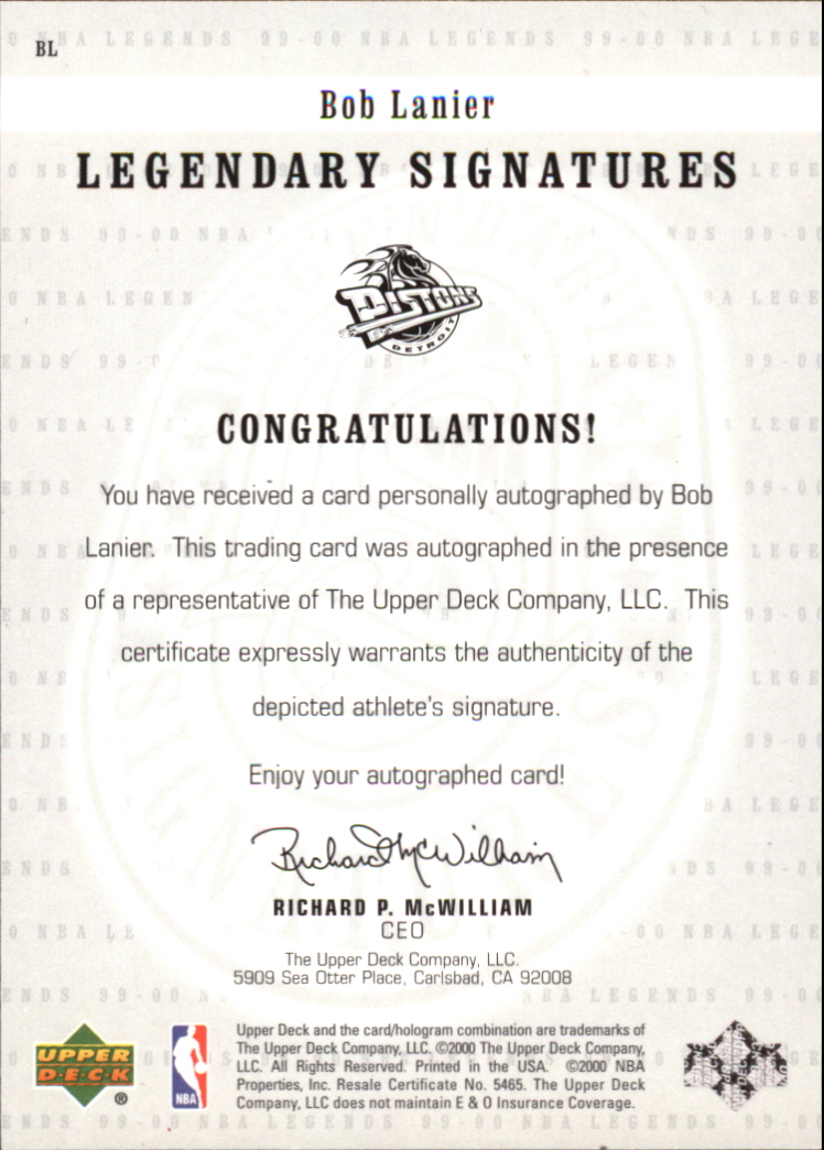 2000 Upper Deck Century Legends Legendary Signatures #BL Bob Lanier back image