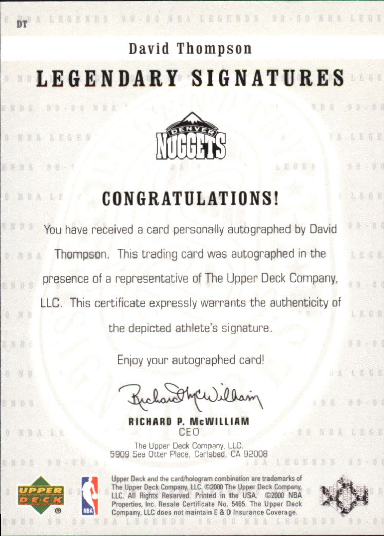 2000 Upper Deck Century Legends Legendary Signatures #DT David Thompson back image