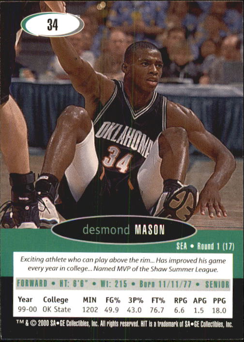 2000 SAGE HIT #34 Desmond Mason back image