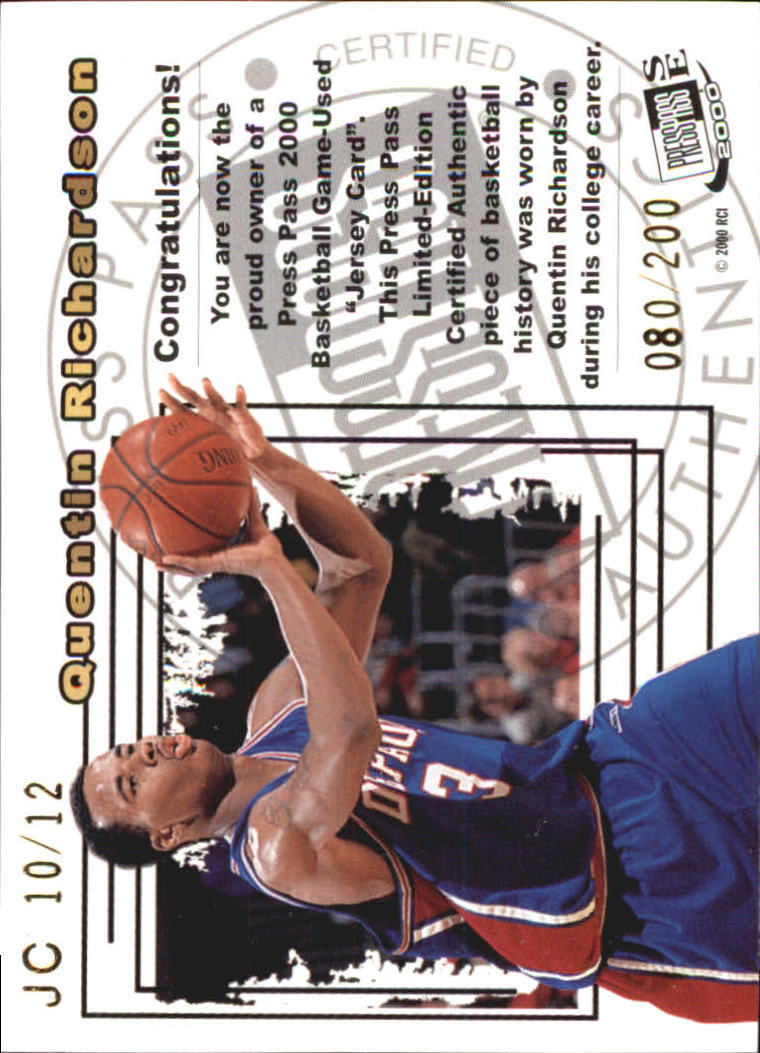 2000 Press Pass SE Jersey Cards #JC10 Quentin Richardson back image