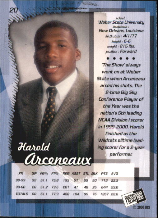 2000 Press Pass #20 Harold Arceneaux back image