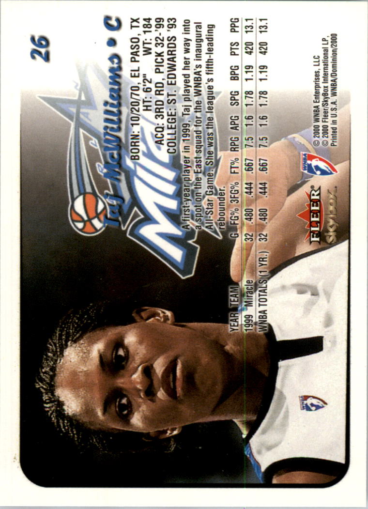 2000 SkyBox Dominion WNBA #26 Taj McWilliams RC back image