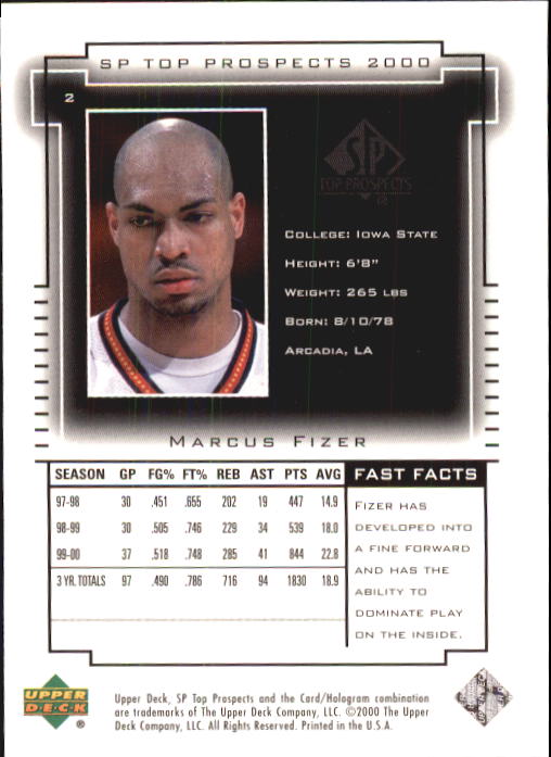 2000 SP Top Prospects #2 Marcus Fizer back image