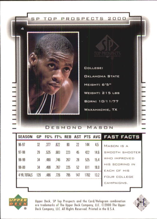 2000 SP Top Prospects #4 Desmond Mason back image