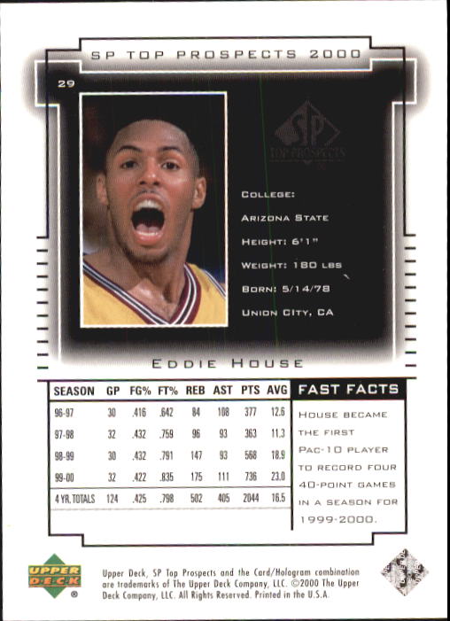 2000 SP Top Prospects #29 Eddie House back image