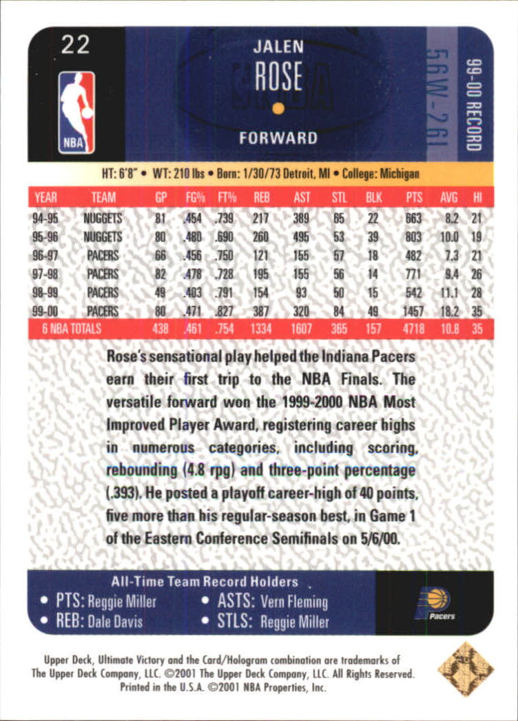 2000-01 Upper Deck Ultimate Victory Victory Collection #22 Jalen Rose