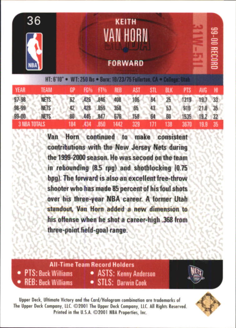 2000-01 Ultimate Victory Victory Collection #36 Keith Van Horn back image