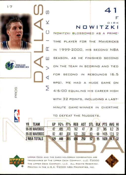 2000-01 Upper Deck Pros and Prospects #17 Dirk Nowitzki back image