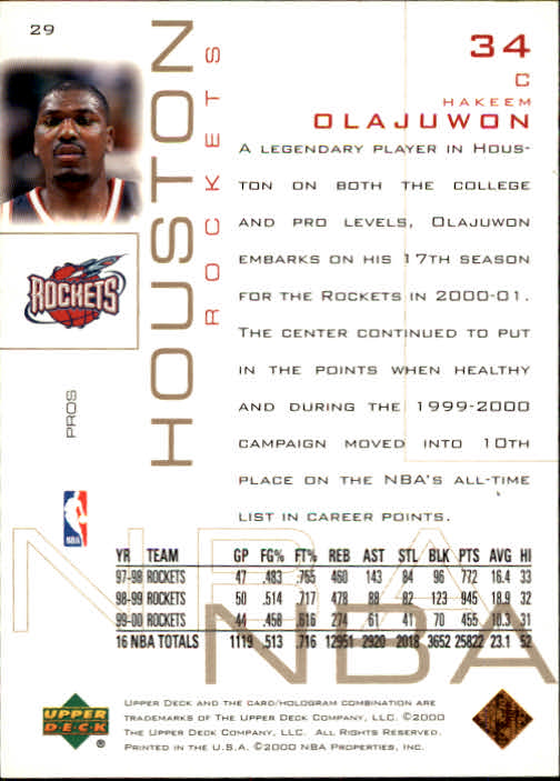 2000-01 Upper Deck Pros and Prospects #29 Hakeem Olajuwon back image