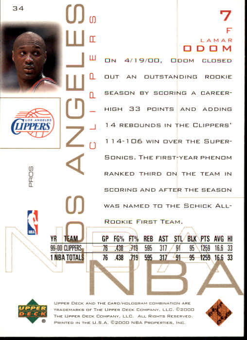 2000-01 Upper Deck Pros and Prospects #34 Lamar Odom back image