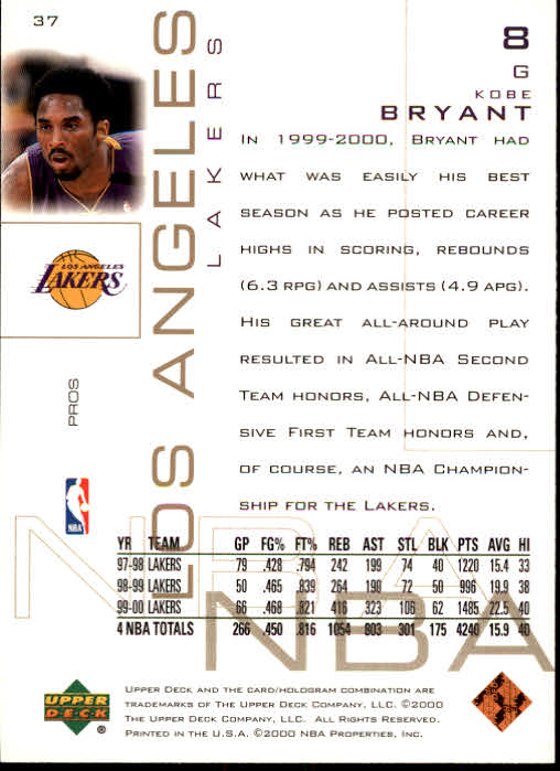 2000-01 Upper Deck Pros and Prospects #37 Kobe Bryant back image
