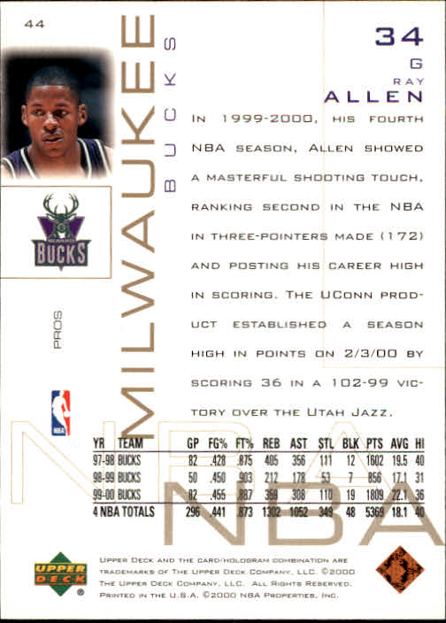 2000-01 Upper Deck Pros and Prospects #44 Ray Allen back image