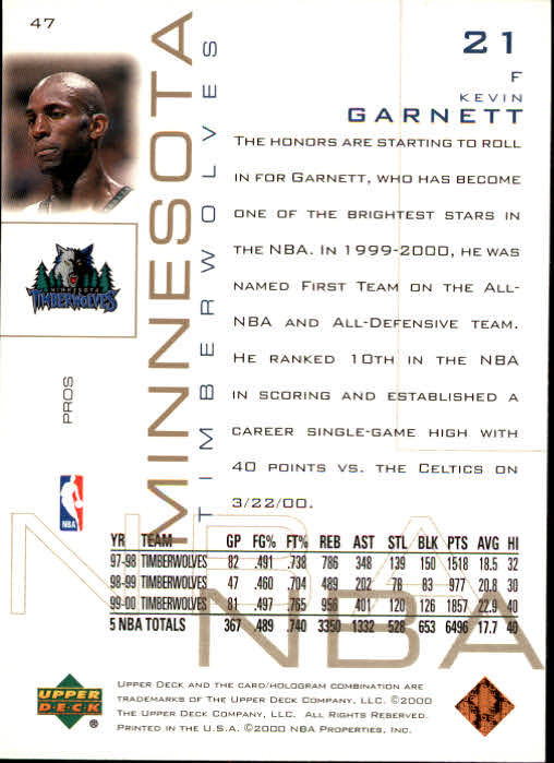 2000-01 Upper Deck Pros and Prospects #47 Kevin Garnett back image