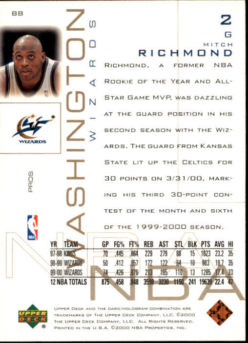 2000-01 Upper Deck Pros and Prospects #88 Mitch Richmond back image