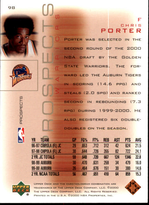 2000-01 Upper Deck Pros and Prospects #98 Chris Porter RC back image