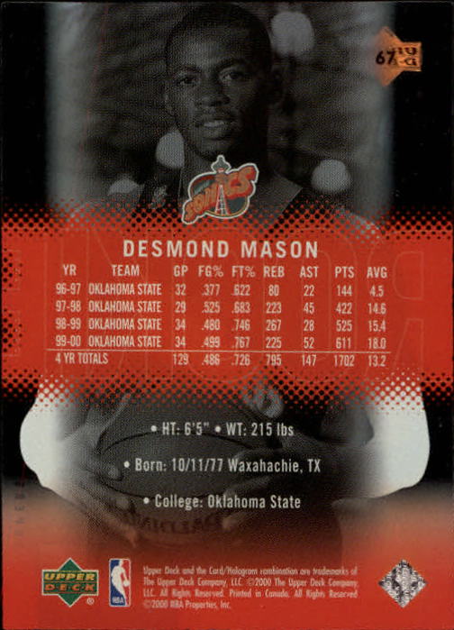 2000-01 Upper Deck Slam #67 Desmond Mason/2500 RC back image