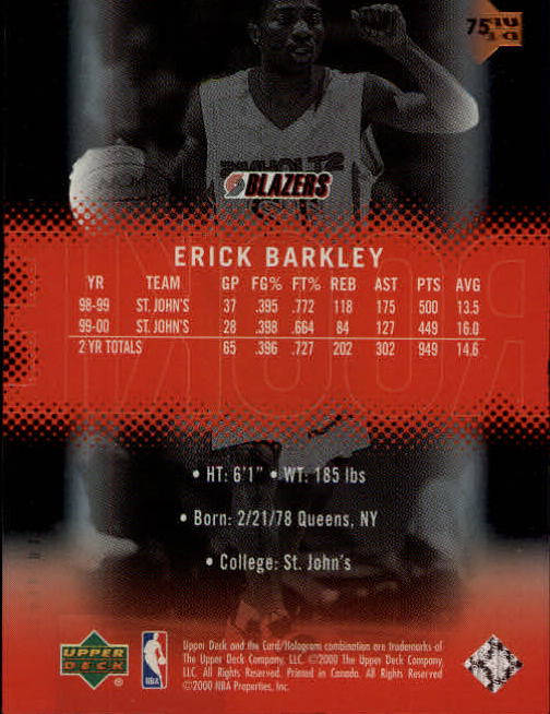 2000-01 Upper Deck Slam #75 Erick Barkley/2500 RC back image