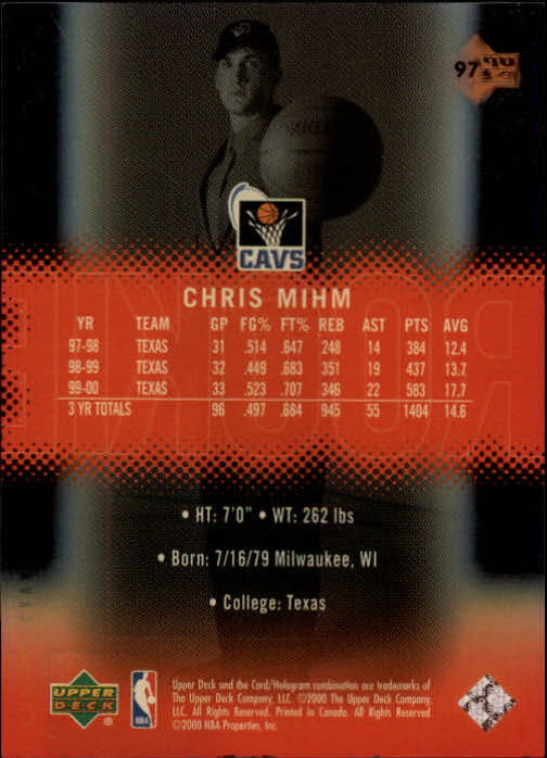 2000-01 Upper Deck Slam #97 Chris Mihm/2500 RC back image