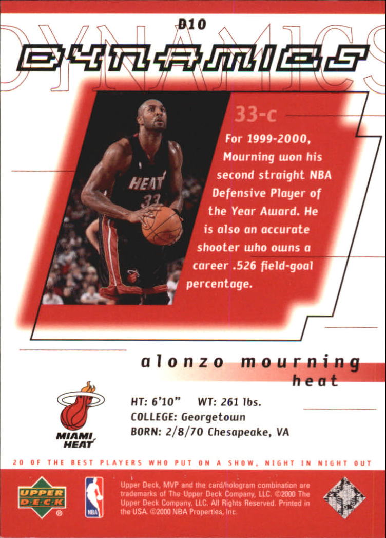 2000-01 Upper Deck MVP Dynamics #D10 Alonzo Mourning back image